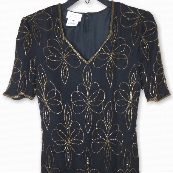 Vintage JMC Silk Party Cocktail Dress Split Sequin Beaded Floral Black Womens PM - Picture 2 of 16